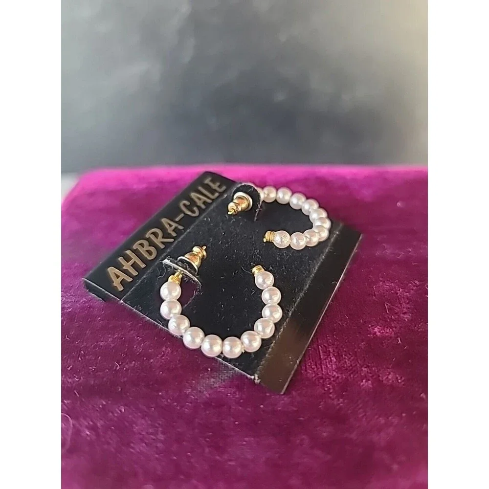 AHBRA-CALE Faux Pearl Beaded Hoop Pierced Earrings NOS